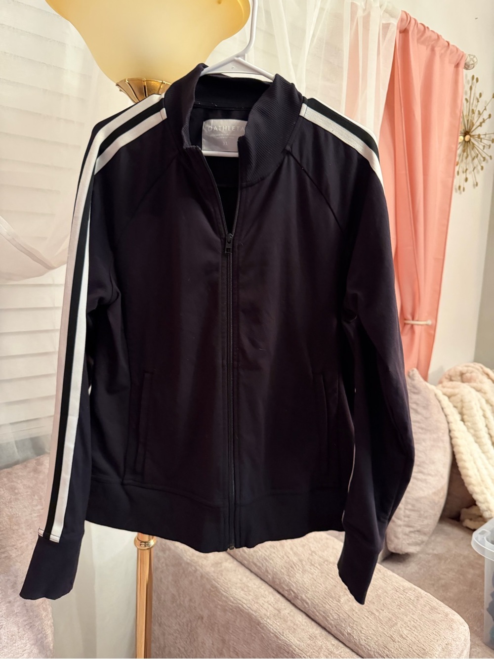 Athleta Black Track Jacket with White Shoulder Stripes